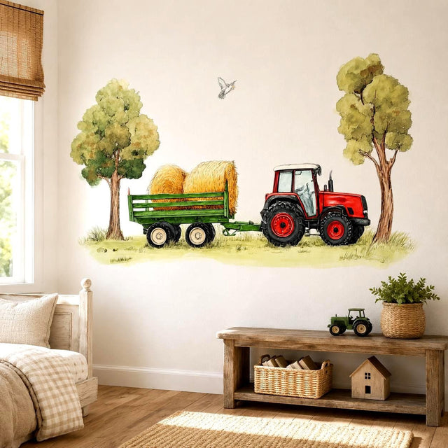 Watercolor-style farm scene with a red tractor pulling a green trailer loaded with large golden hay bales, framed by two leafy trees with grass below and a small bird flying overhead.