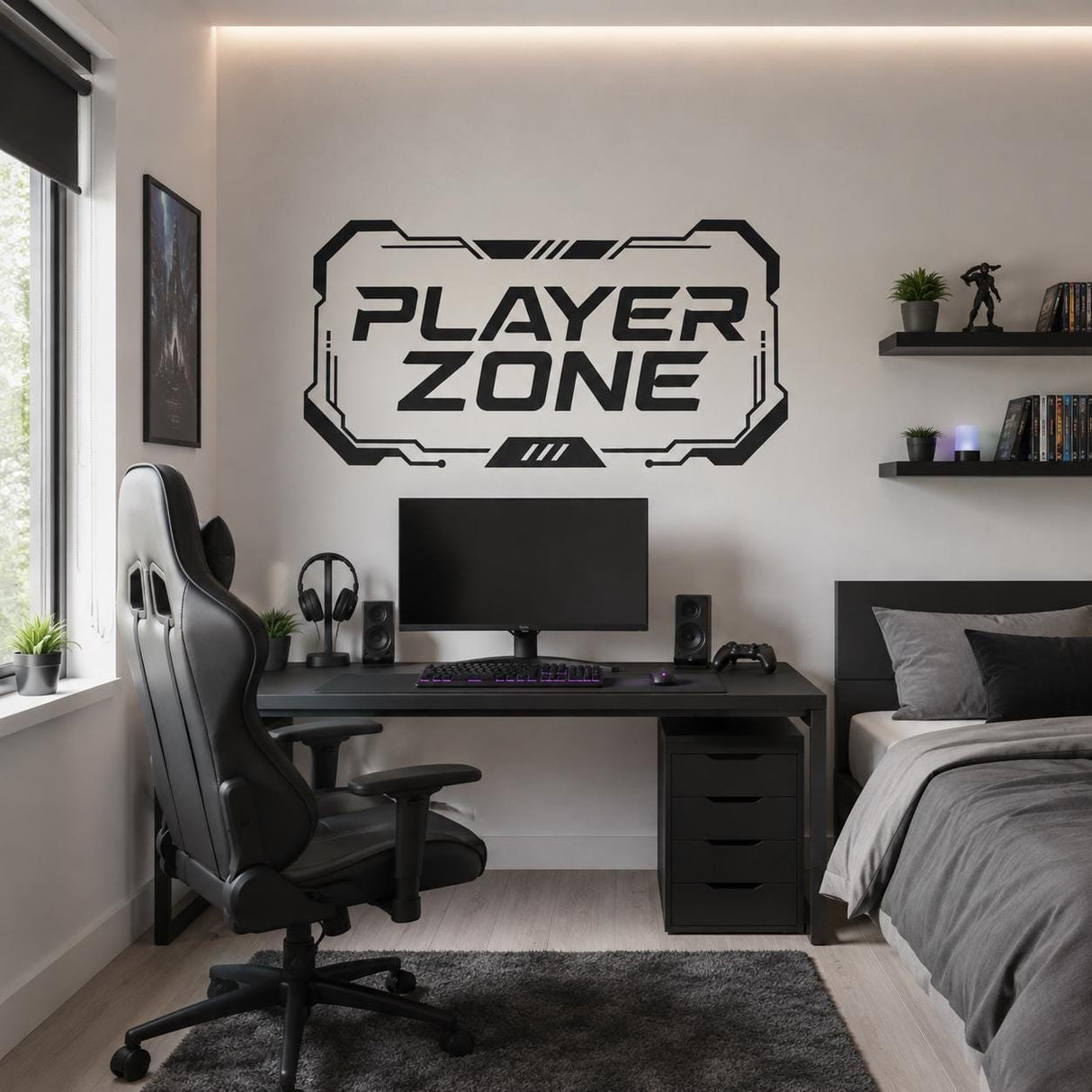 Player Zone Wall Decal | Gaming Room Wall Sticker | Gamer Bedroom Decor | Teen Game Room Wall Art | Black Futuristic Gaming Wall Decorations