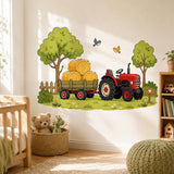 Cute farm scene with a bright red tractor pulling a green trailer filled with three golden hay bales, framed by leafy trees, a wooden fence, flying birds, grass, flowers, and a small wooden sign with a heart.