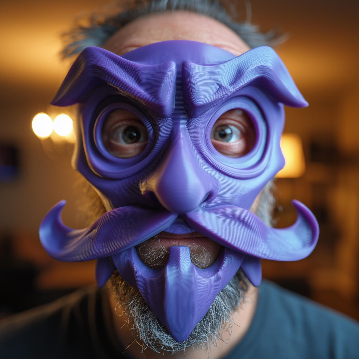 A close-up image of a person wearing a 3D printed, vibrant purple stylized fantasy character mask featuring dramatic arched eyebrows, a sculpted mustache, a pointed nose, and large eye openings.