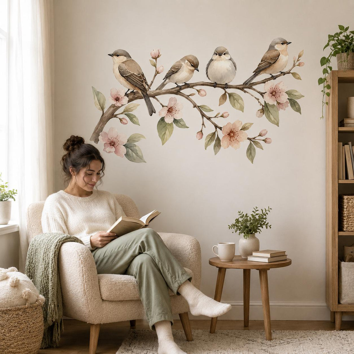 Watercolor Birds Wall Decal | Birds on Branch Wall Sticker | Floral Bird Wall Art | Botanical Bedroom Decor | Spring Blossom Wall Decoration