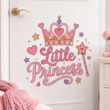 Pink “Little Princess” lettering beneath a decorative crown with a heart center, surrounded by a star-tipped magic wand, pink hearts, lavender and gold stars, dots, and sparkle accents.