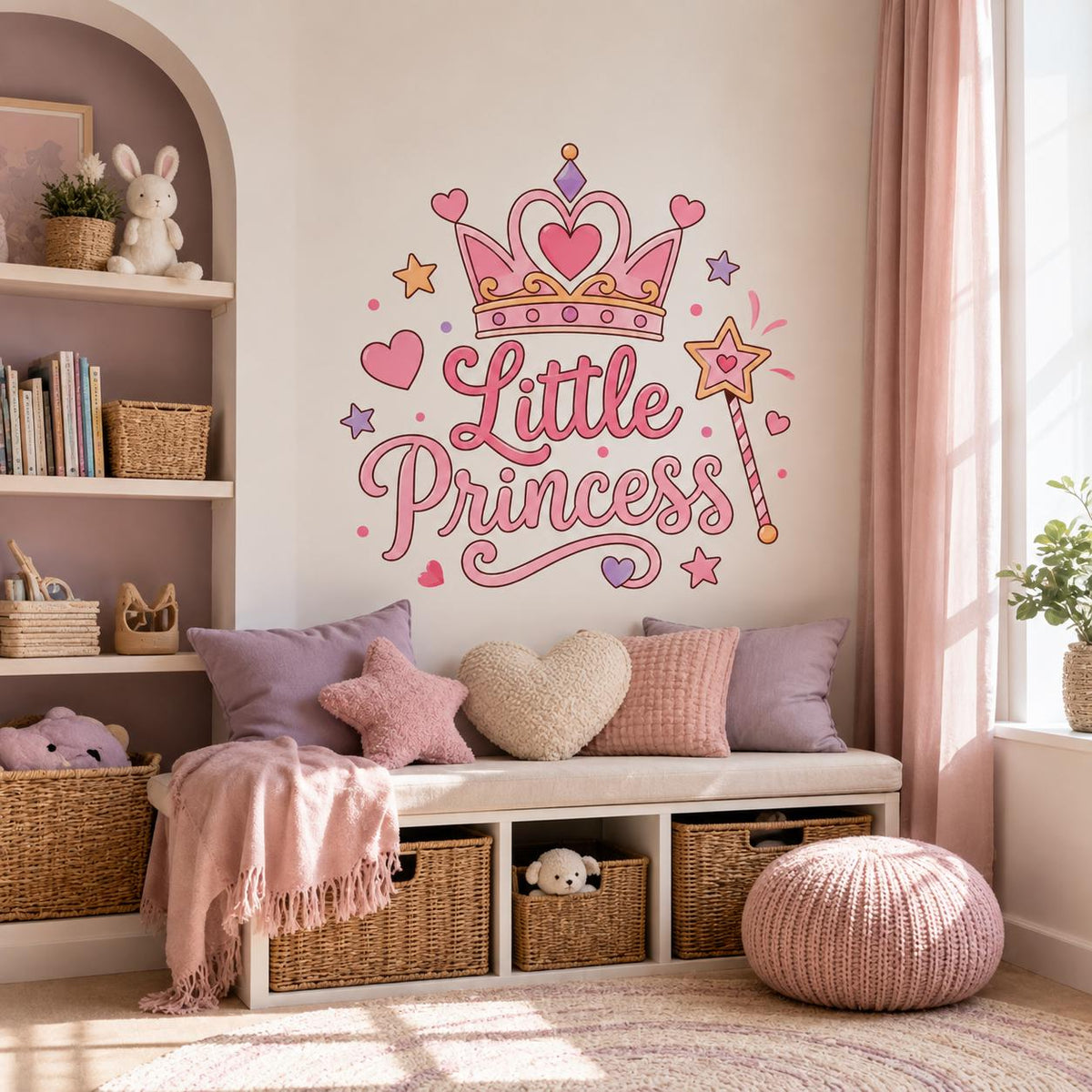 Little Princess Wall Decal | Pink Crown Wall Sticker | Girls' Bedroom Decor | Princess Nursery Wall Art | Magic Wand Hearts Stars Wall Decor