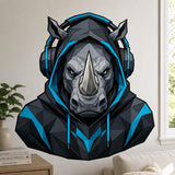Bold geometric rhinoceros with a large central horn and icy-blue eyes, wearing a dark charcoal hooded sweatshirt and oversized black headphones with bright turquoise and blue accents.