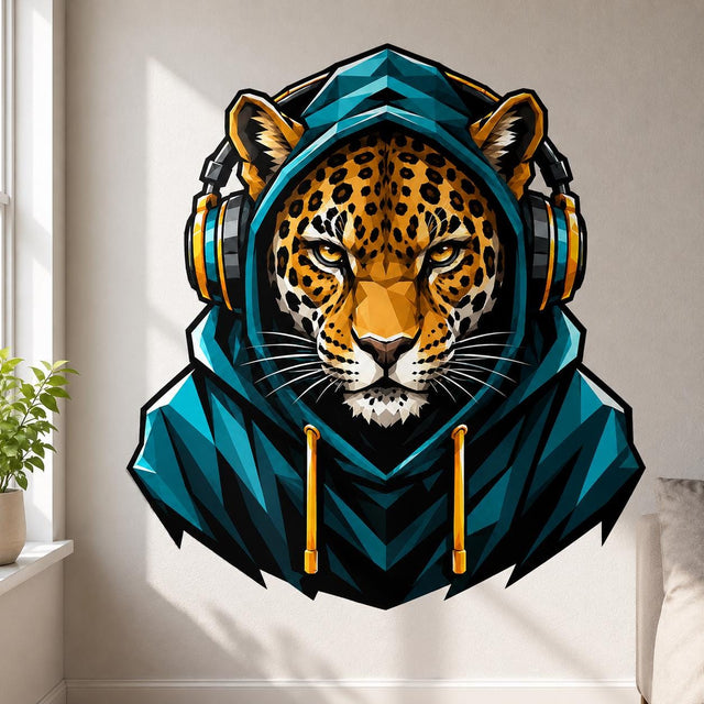 Bold illustrated leopard with golden fur, black rosette markings, and intense golden eyes, wearing a teal hooded sweatshirt and large black-and-teal over-ear headphones with gold accents.