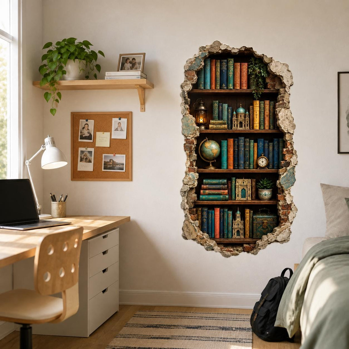 3D Bookshelf Wall Decal | Vintage Library Wall Sticker | Book Nook Wall Art | Broken Wall Illusion | Reading Room Decor | Bookish Wall Decor