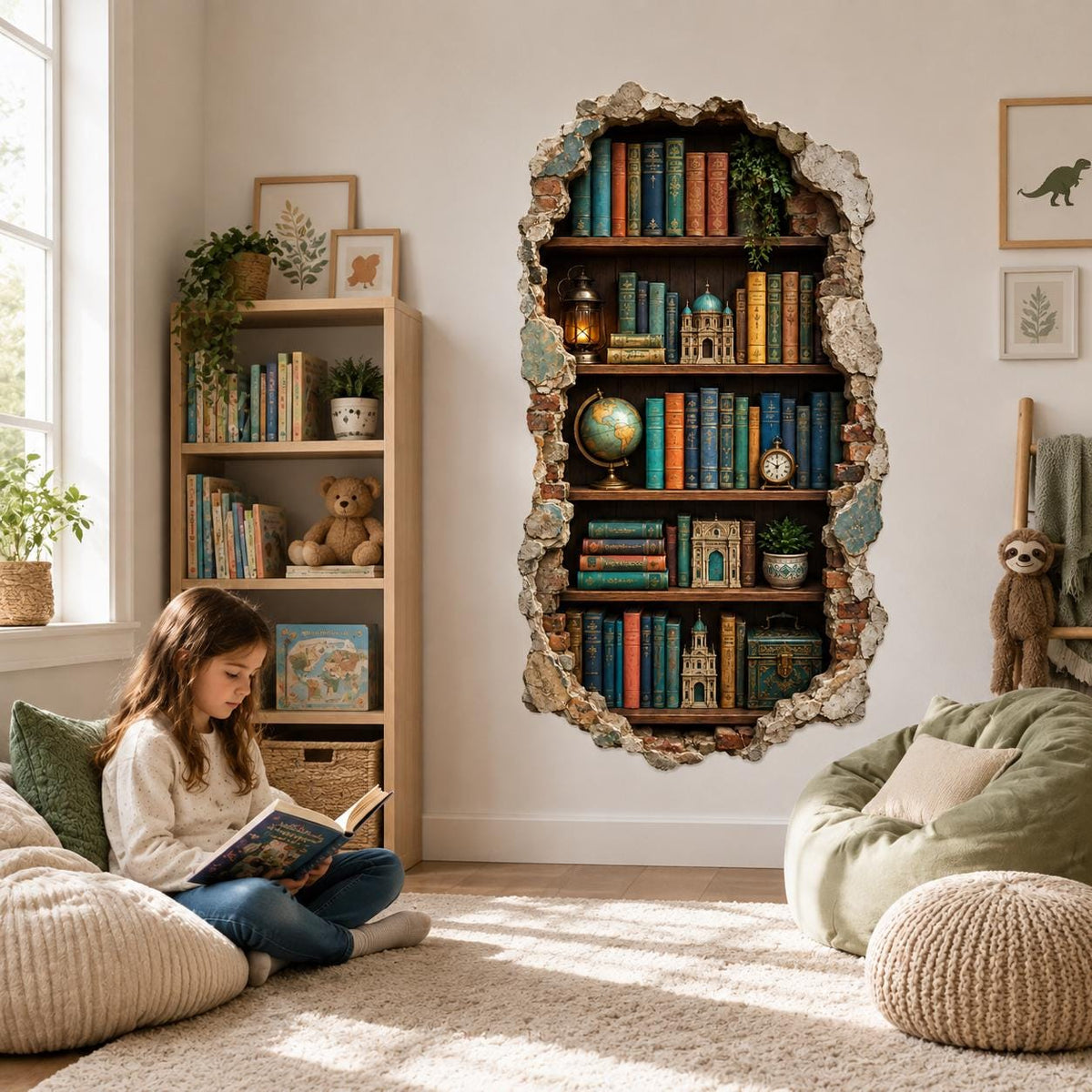 3D Bookshelf Wall Decal | Vintage Library Wall Sticker | Book Nook Wall Art | Broken Wall Illusion | Reading Room Decor | Bookish Wall Decor