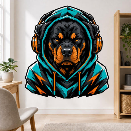 Bold illustrated black-and-tan Rottweiler with intense amber eyes, wearing a teal and black hooded sweatshirt and large gaming headphones with bright orange accents.