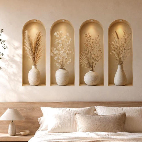 Four tall arched beige wall niches with warm overhead spotlights, each displaying a cream ceramic vase filled with a different dried botanical arrangement in soft neutral tones.