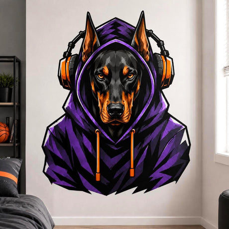 Bold illustrated black-and-tan Doberman with tall pointed ears and intense amber eyes, wearing a purple and black hooded sweatshirt and large gaming headphones with bright orange accents.