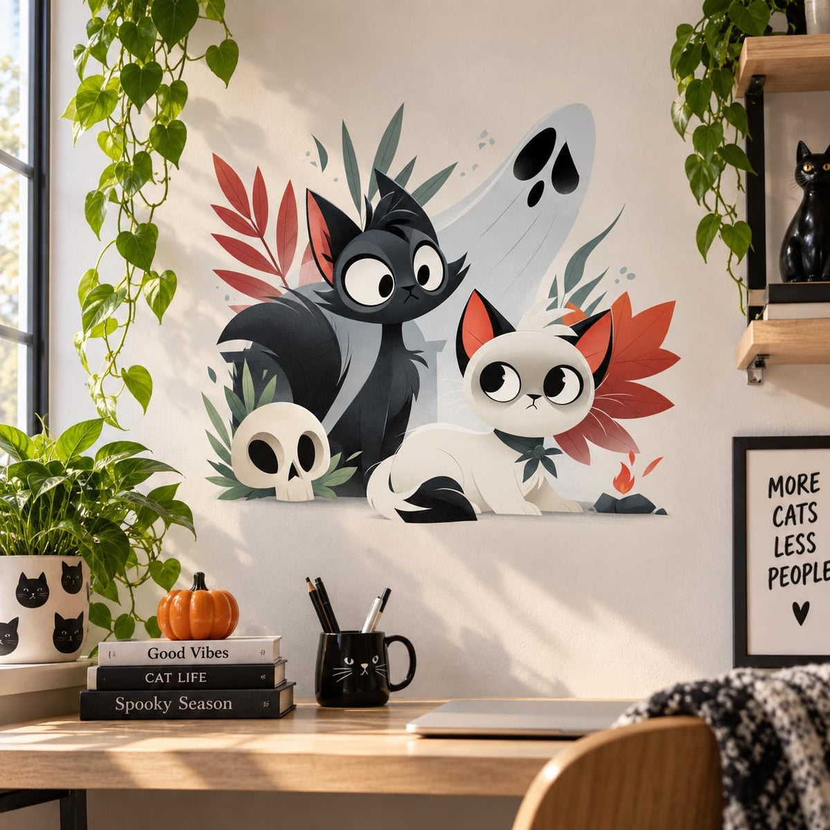 Black and cream cats wall decal with a pale ghost, small skull, orange flame and rust-red and muted green foliage.