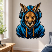 Illustrated kangaroo gamer wall decal with golden eyes, bright blue hoodie and black and blue headphones.