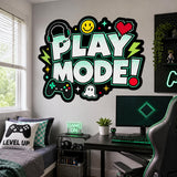 Play Mode Wall Decal | Gaming Wall Sticker | Video Game Room Decor | Kids Gaming Wall Art | Controller Headset & Pixel Heart Wall Decoration