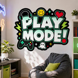 Bold gaming design with large “PLAY MODE!” lettering, a headset, game controller, pixel red heart, yellow smiley face, green lightning bolts, stars, colorful dots, and a small white ghost in black, mint, red, yellow, and lime tones.