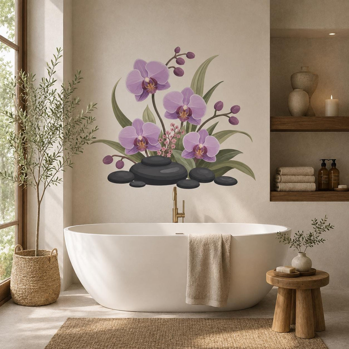 Purple Orchid Wall Decal | Orchid Flower Wall Sticker | Spa Stones Botanical Decor | Bedroom Floral Wall Art | Zen Botanical Wall Decoration