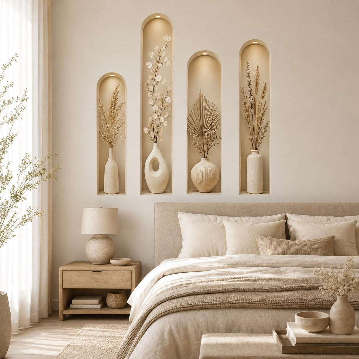 3D Wall Niche Decal | Neutral Botanical Wall Sticker | Arched Alcoves Wall Art | Beige Vase Decor | Modern Minimalist Living Room Decoration