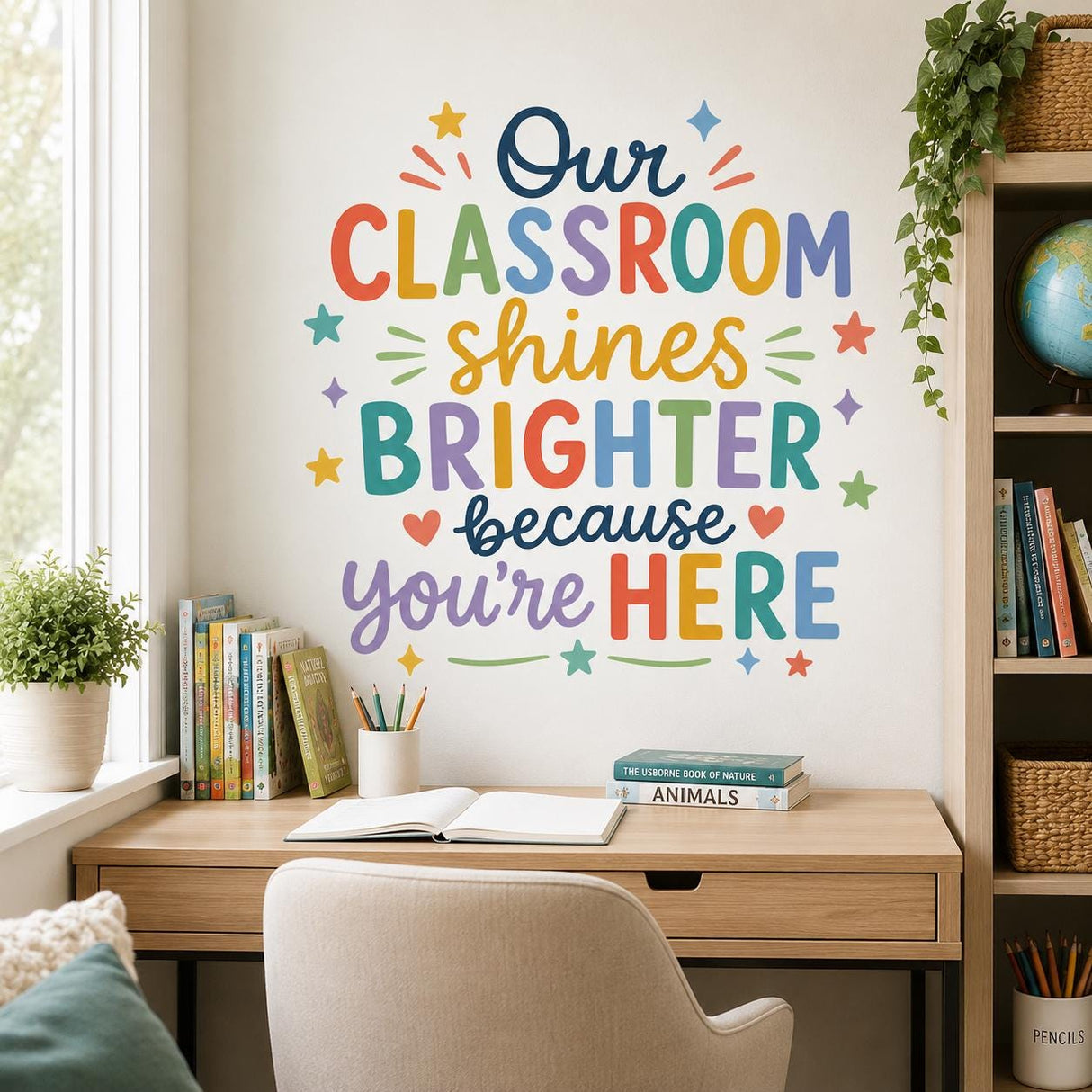 Our Classroom Shines Brighter Wall Decal | Kids Classroom Wall Sticker | Colorful School Decor | Positive Message Wall Art | Classroom Decor