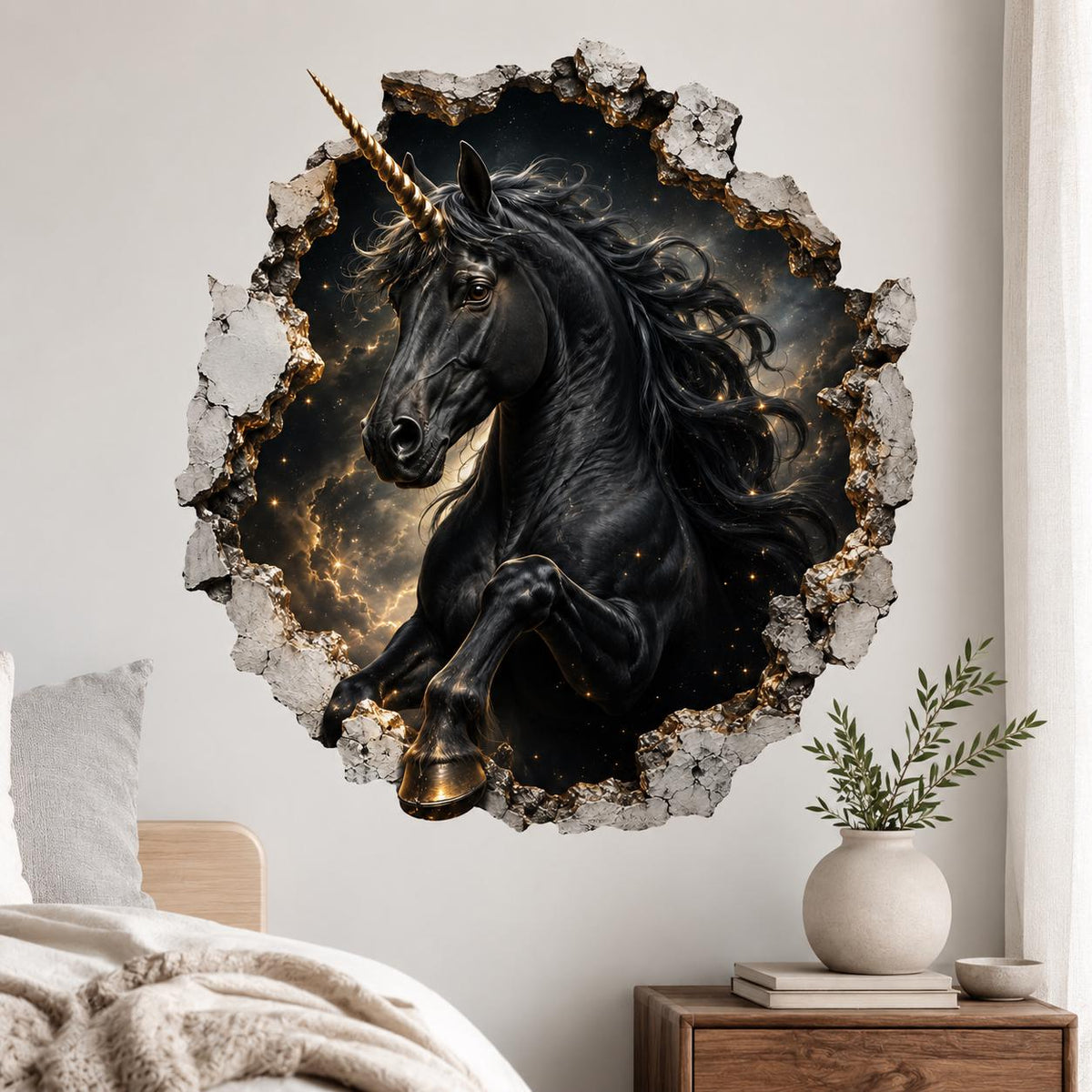 Rearing black unicorn with a gold-colored spiral horn inside a printed cracked-wall opening, with stars and amber clouds.