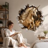 Golden Unicorn 3D Wall Decal | Fantasy Unicorn Wall Sticker | Broken Wall Illusion | Magical Horse Decor | Kids Room Decor | Cosmic Wall Art