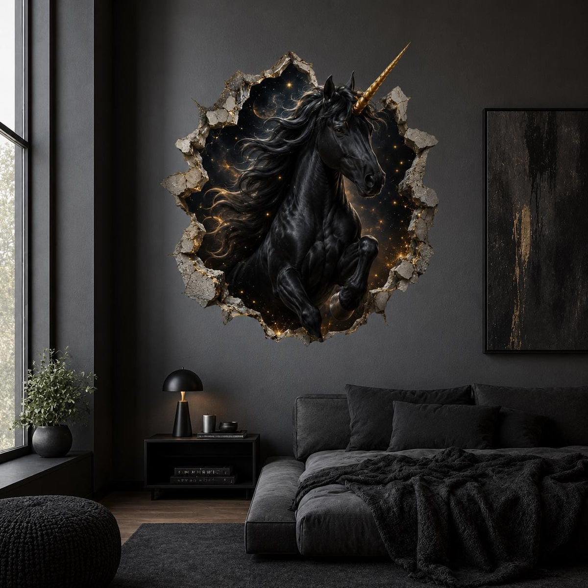 Black Unicorn Wall Decal | Celestial Gold Horn Vinyl Wall Sticker | 3D Broken Wall Fantasy Bedroom Decor | Gothic Teen Room Art | Starry Sky