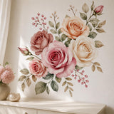 Watercolor floral arrangement with five roses and two rosebuds in blush pink, dusty rose, peach, and creamy ivory, surrounded by muted sage and olive leaves with delicate pink and neutral berry sprigs.