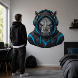 Rhino Gamer Wall Decal | Gaming Rhino Wall Sticker | Headphones Animal Decor | Teen Room Wall Art | Blue Black Gamer Bedroom Wall Decoration