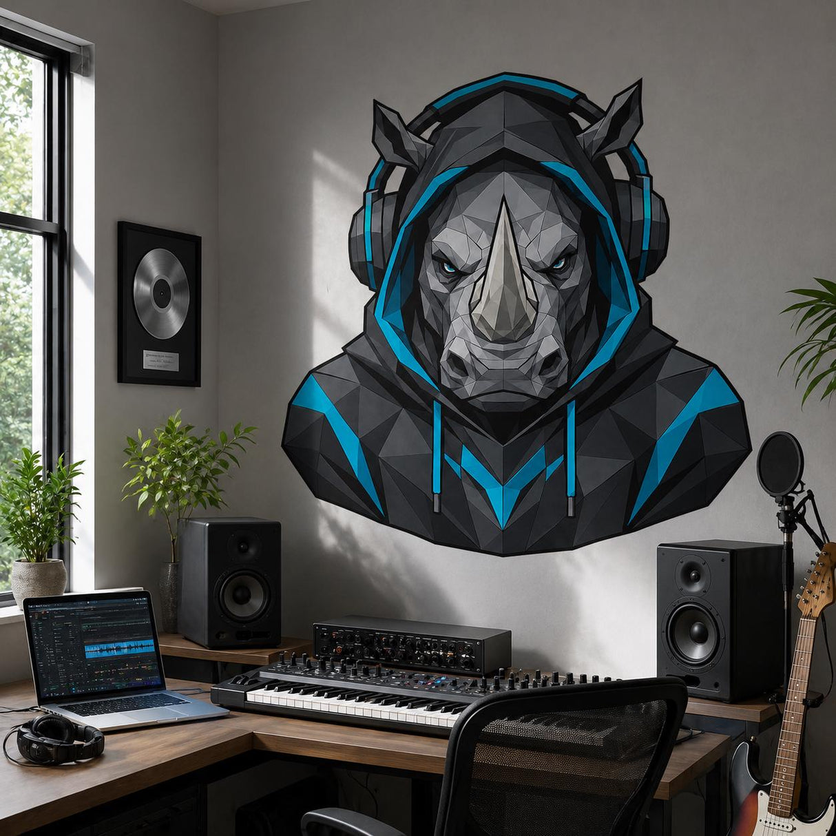 Rhino Gamer Wall Decal | Gaming Rhino Wall Sticker | Headphones Animal Decor | Teen Room Wall Art | Blue Black Gamer Bedroom Wall Decoration