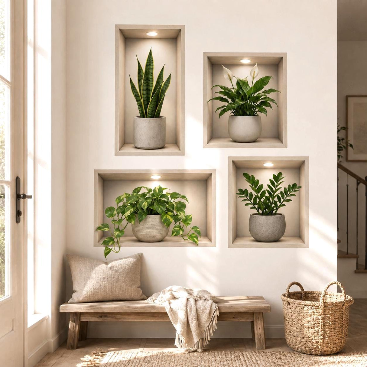 Четыре ниши с деревянными рамами, комнатными растениями и эффектом подсветки.