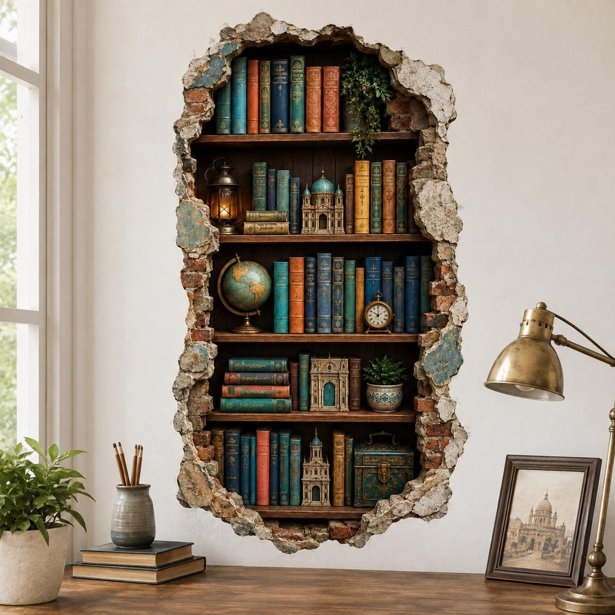 3D Bookshelf Wall Decal | Vintage Library Wall Sticker | Book Nook Wall Art | Broken Wall Illusion | Reading Room Decor | Bookish Wall Decor