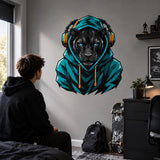 Black leopard gamer wall decal with turquoise eyes, a teal hoodie and orange-accented headphones