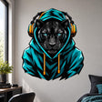 Black leopard gamer wall decal with turquoise eyes, a teal hoodie and orange-accented headphones