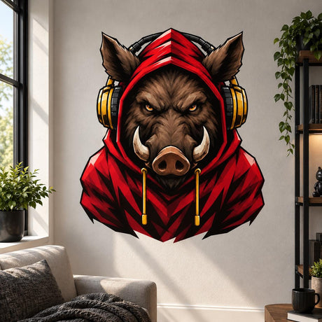 Bold illustrated wild boar with large curved tusks, amber eyes, and brown facial shading, wearing a bright red hooded sweatshirt and large black-and-gold over-ear headphones.