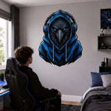 Raven Gamer Wall Decal | Gaming Raven Wall Sticker | Blue Hoodie Animal Decor | Teen Game Room Wall Art | Blue Gamer Bedroom Wall Decoration
