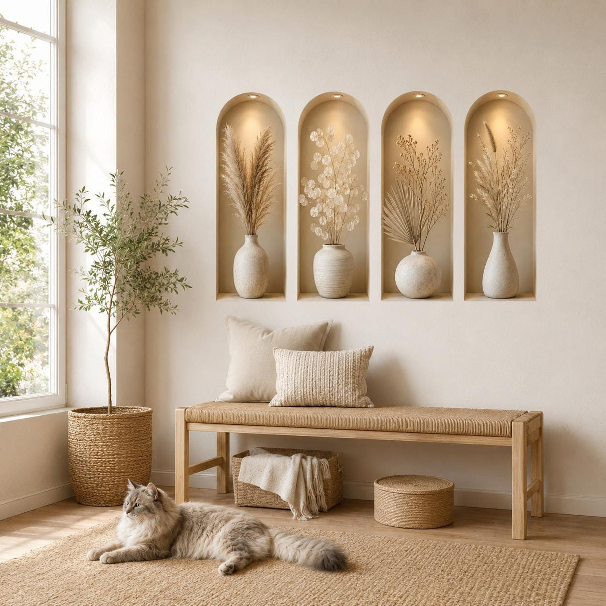 3D Vase Wall Niche Decal | Faux Recessed Shelf Wall Sticker | Neutral Botanical Wall Art | Beige Modern Decor | Living Room Wall Decorations