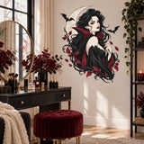 Gothic Vampire Woman Wall Decal | Moon and Bats Vinyl Wall Sticker | Dark Fantasy Gothic Bedroom Decor | Halloween Wall Decor | Witchy Decor