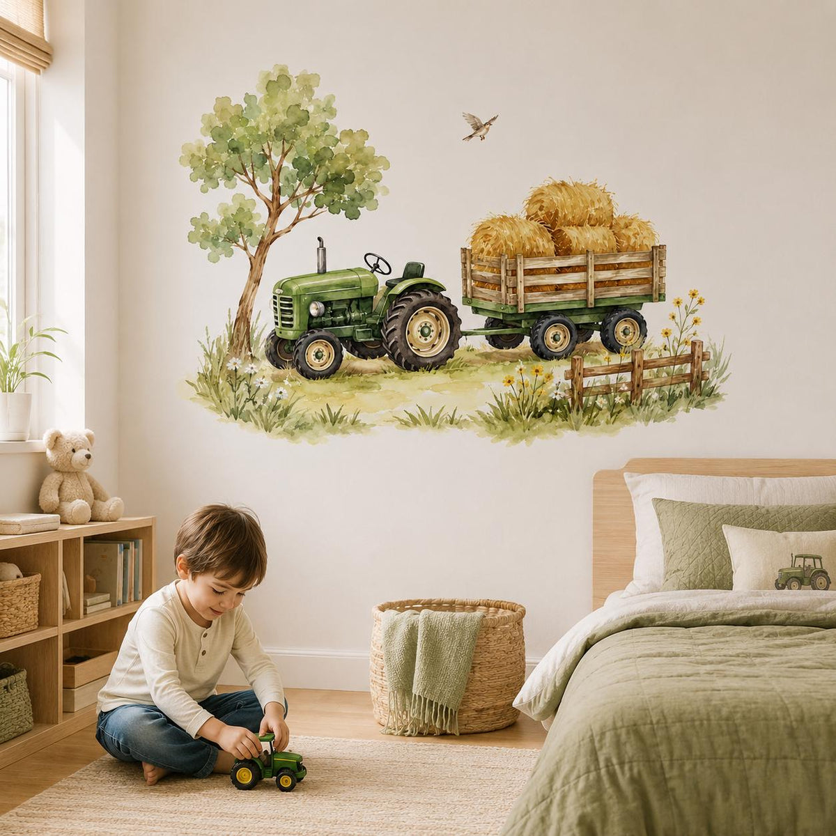 Watercolor Tractor and Hay Bale Wall Decal | Farm Nursery Decor | Rustic Kids Room Vinyl Sticker | Country Playroom Decor | Farm Wall Mural