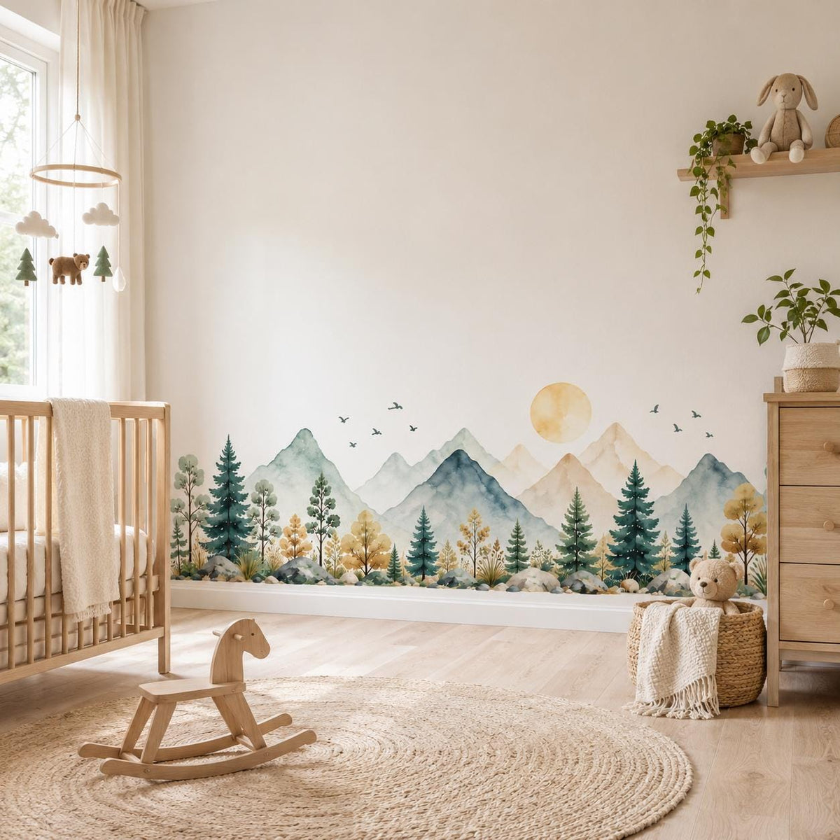 Watercolor Mountain Wall Decal | Forest Landscape Vinyl Wall Sticker | Woodland Nursery Decor | Kids Room Mountain Mural | Forest Border