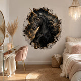 Black Unicorn Wall Decal | 3D Broken Wall Fantasy Vinyl Sticker | Celestial Bedroom Decor | Gothic Teen Room Wall Art | Cosmic Unicorn Art