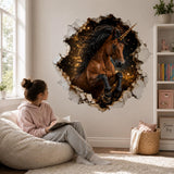3D Unicorn Wall Decal | Cosmic Fantasy Horse Vinyl Sticker | Broken Wall Effect Bedroom Decor | Gold Black Unicorn Room Decor | Celestial