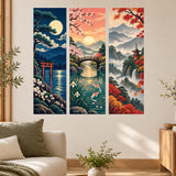 Japanese landscape wall decal with a moonlit torii gate, koi beneath a bridge, and a pagoda beside a waterfall in three panels.