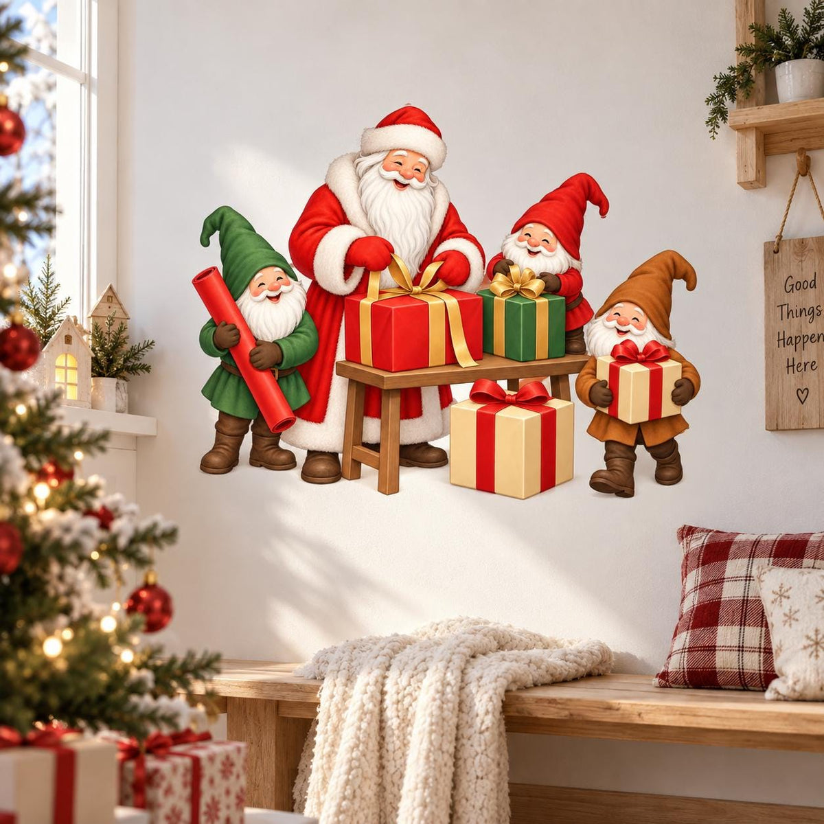Festive Santa and Christmas gnomes vinyl wall decal with red and green gift boxes around a wooden table.