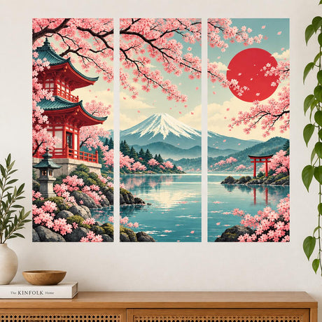 Mount Fuji wall decal in three panels with pink cherry blossoms, a red pagoda and torii gate, turquoise water and a red sun.