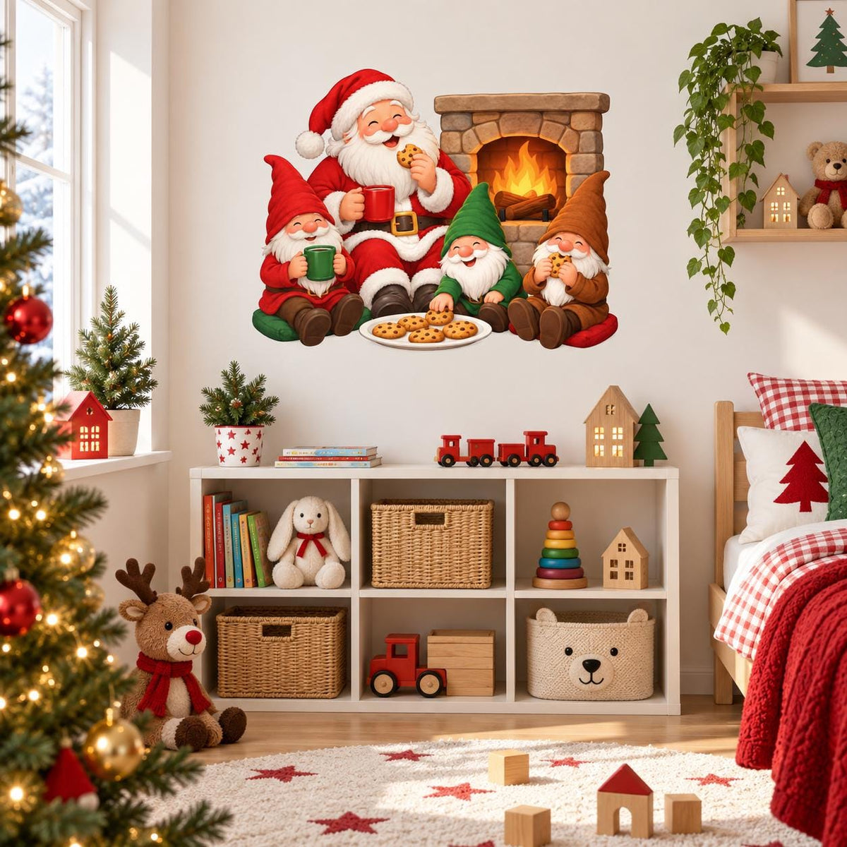 Christmas fireplace wall decal with Santa and three gnomes beside a stone hearth, cookies and colorful mugs.