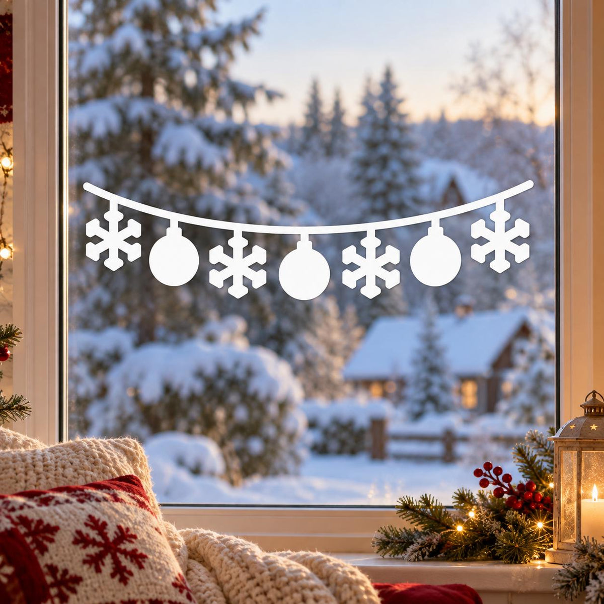 Winter Snowflake Ornament Window Decal | White Christmas Garland Vinyl Sticker | Minimalist Holiday Window Decor | Snowy Home Window Display