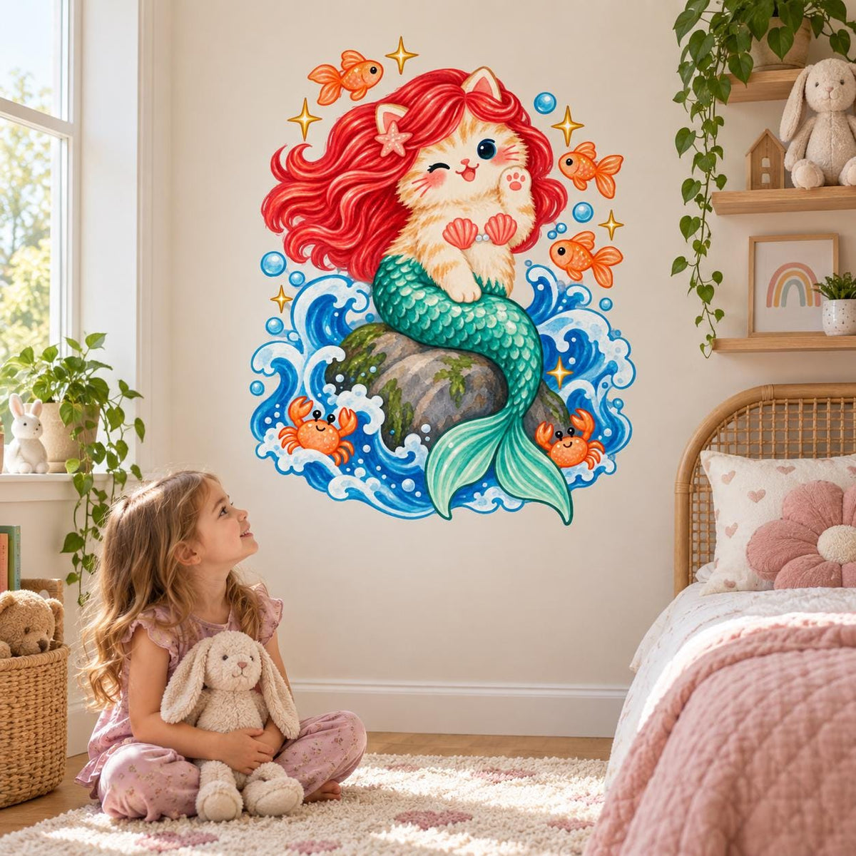 Mermaid Cat Wall Decal | Cute Kitty Mermaid Wall Sticker | Ocean Nursery Decor | Girls Kids Room Wall Art | Sea Creature Bedroom Decorations