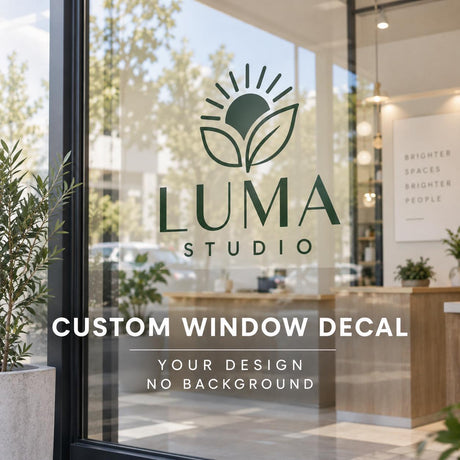 Custom printed logo window decal for glass, contour cut without a surrounding rectangular background.