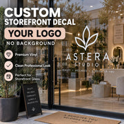 Custom storefront logo decal for shop glass, with printed artwork contour cut without a surrounding rectangular background.