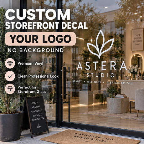 Custom storefront logo decal for shop glass, with printed artwork contour cut without a surrounding rectangular background.