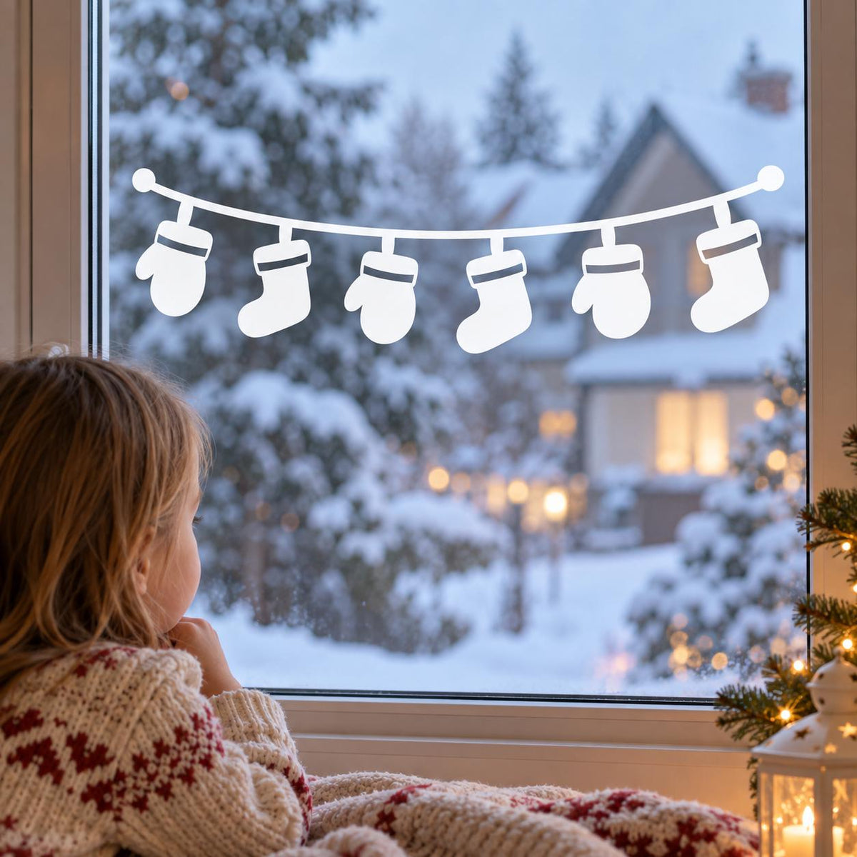 Christmas Stocking Garland Window Decal | White Vinyl Holiday Window Sticker | Kitchen Window Christmas Decor | Minimalist Winter Decoration
