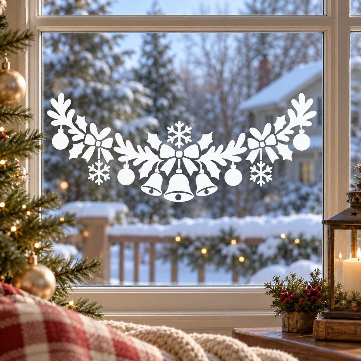 Christmas Bells Window Decal | White Holiday Garland Vinyl Sticker | Snowflake Ornament Glass Decor | Kitchen Window Decoration Festive
